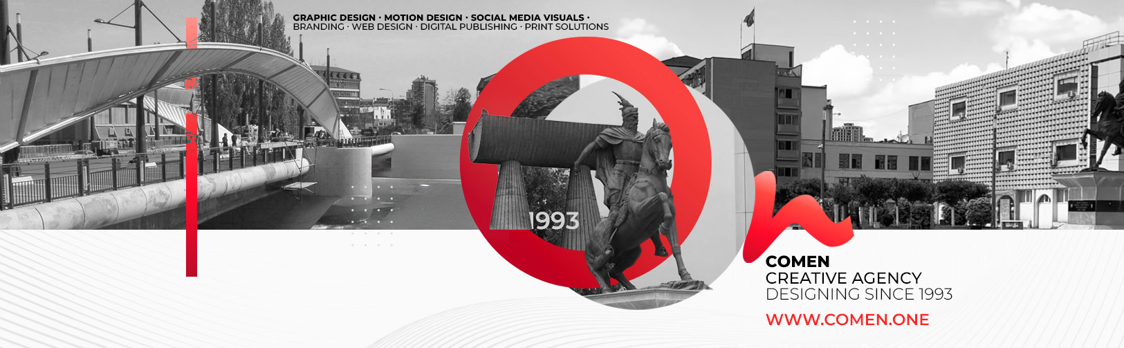 Comen Creative Agency Header. Një agjenci krijuese që ofron dizajn grafik, dizajn lëvizjeje, dizajn faqesh interneti, branding dhe video të animuara për muzikë për fëmijë.